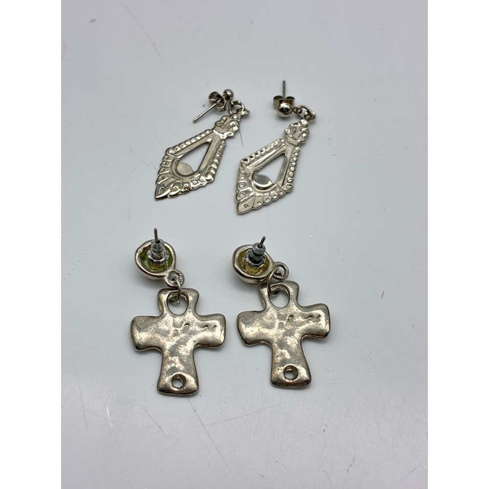 Vintage Silver Tone Drop Earring Set Hammered Cross and Ornate Geometric Lot